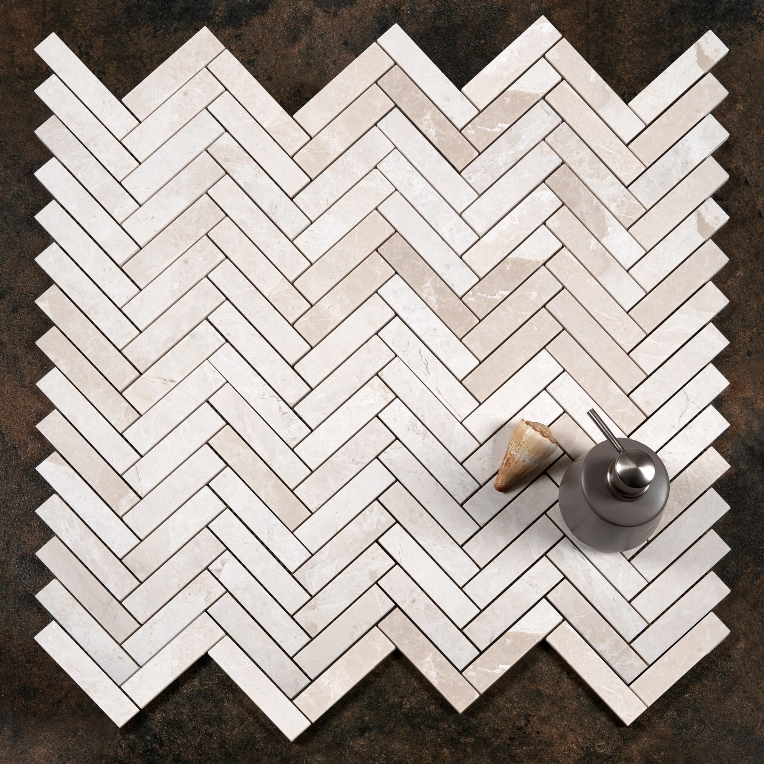White Emperador Honed Marble Large Herringbone Mosaic